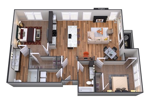 Floor plan for 2 beds, 2 baths, 1255 sqft